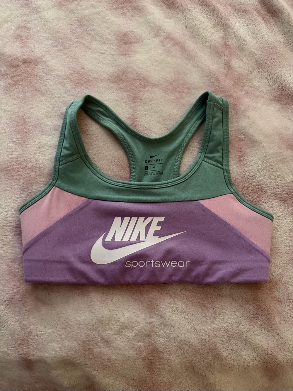 Nike Colorblock Dri-FIT Sports Bra in Green, Pink & Purple